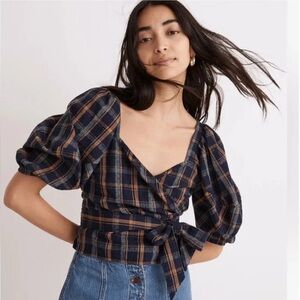 Madewell Sweetheart Wrap Top in Plaid Ribbon Navy Brown Cropped Puffed Sleeves S